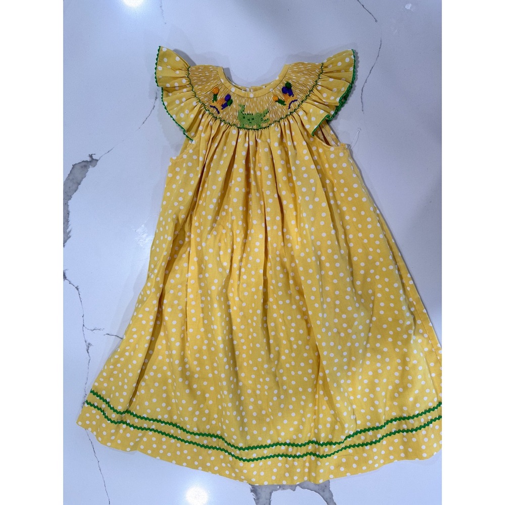 Vive La Fete Girls Yellow Polka Dot Smocked Mardi Gras Dress Size 4T